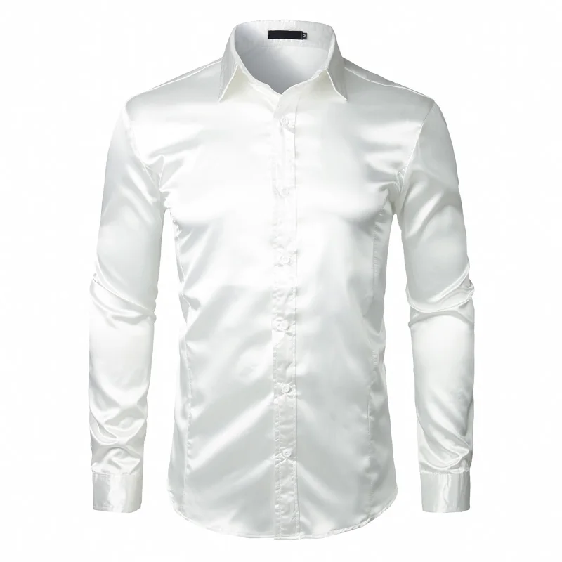 Шелковая атласная рубашка для мужчин, брендовые блестящие гладкие мужские рубашки, повседневные Черные смокинги, свадебная сорочка, Homme, приталенная Однотонная рубашка - Цвет: white