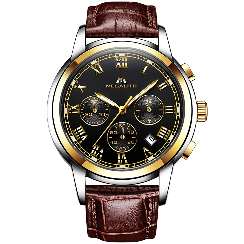 MEGALITH Gents Quartz Watches Man Wristwatch Waterproof Luxury Multifunction Business Leather Brown Stainless Hombre Clock