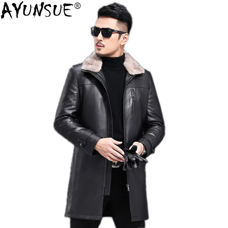 Mouton 2018 En Manteau Veste Véritable Vers Bas Col Peau Ayunsue Kj1204 Vestes D'hiver De Vison Cuir Hommes Le Pour Fourrure Black wymNvn80O
