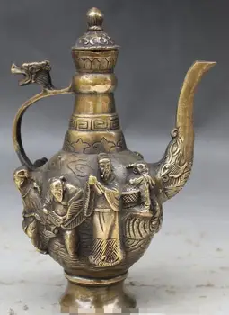 

17CM Marked Chinese Folk Bronze Dragon Myth 8 Immortal God Wine Pot Flagon