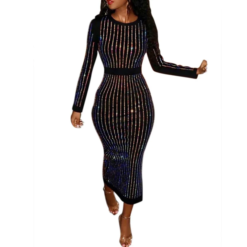 

Colorful Rhinestones Long Sleeve Bodycon Dress Women Elegant O-neck Sheath Slim Office Work Wear Party Midi Pencil Dress Vestido