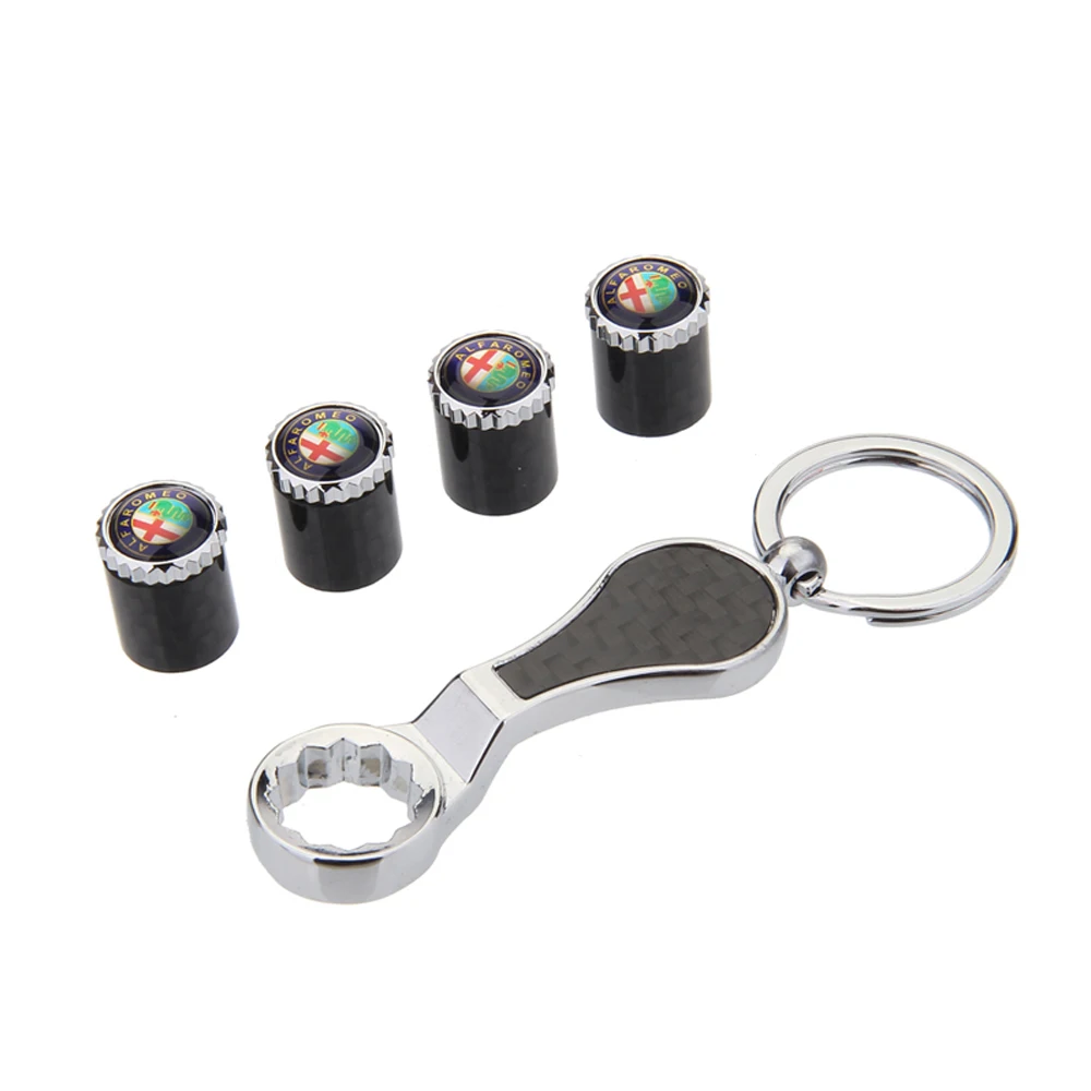 Carbon Fiber Wrench Keychain 4pcs Wheel Tire Stem Valve Caps Cover Tyre