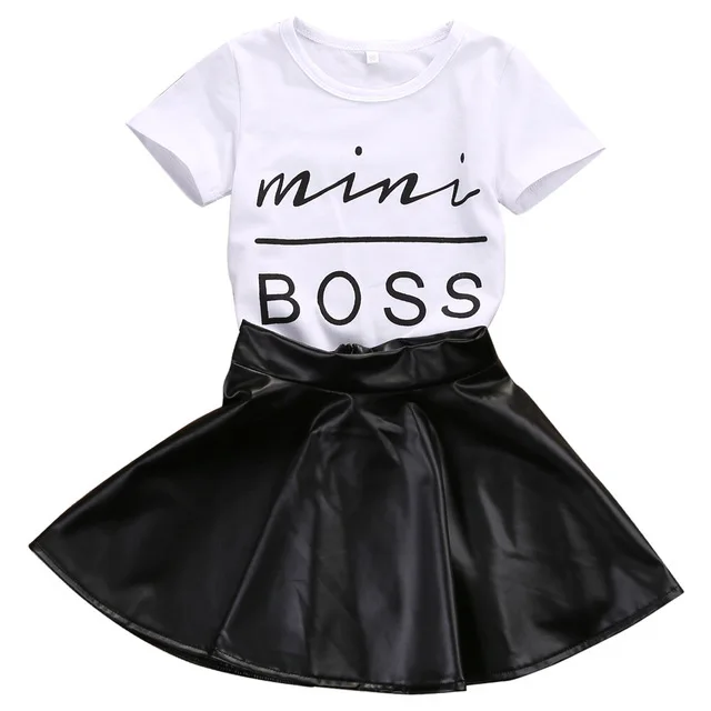 

summer children's clothing girl sets baby girls white t-shirt+PU leather skirts toddler girls mini boss t shirt kids letter top