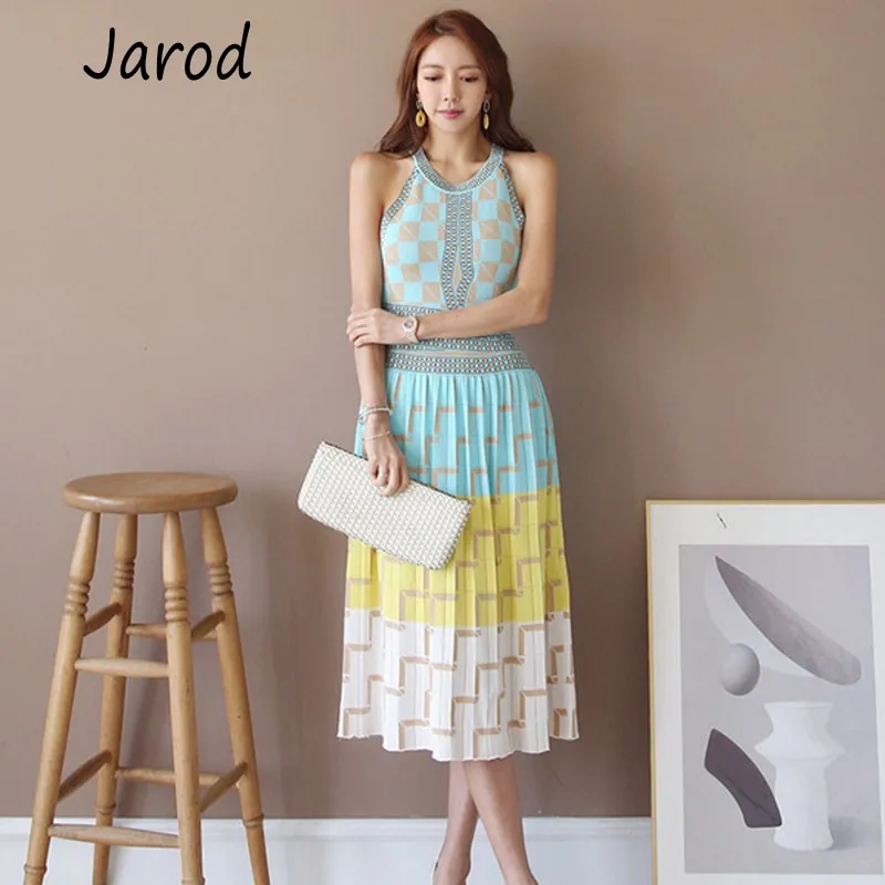 

2019 New High Quality Summer sleeveless geometry Knitted Dress Women Slim Holiday Dresses Vestidos