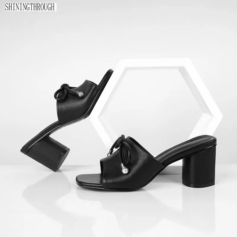 

Genuine Leather women slippers Slides Shoes Women Slip on High Heel High Peep Toe White Black Big size 34-43