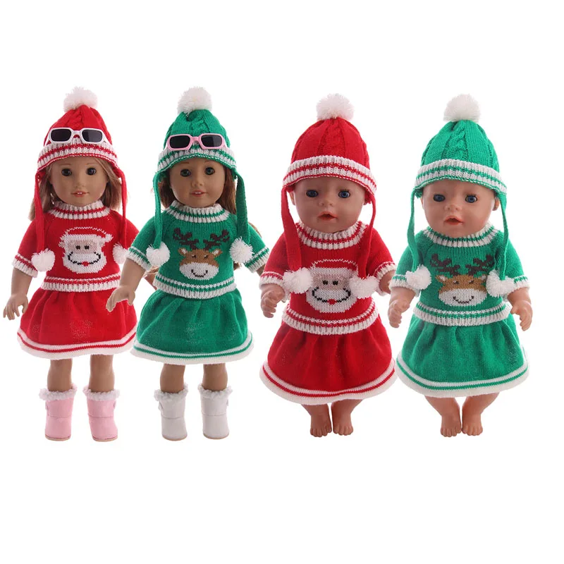 Кукольный свитер, комплект одежды = шляпа+ платье, 18 дюймов, американский и 43 см, подарок на Рождество, день рождения для девочки