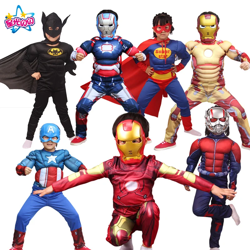 Хэллоуин мальчик мускулистый супер герой Капитан Америка костюм Человек-паук Бэтмен Халк Мстители с костюмы с масками косплей для детей