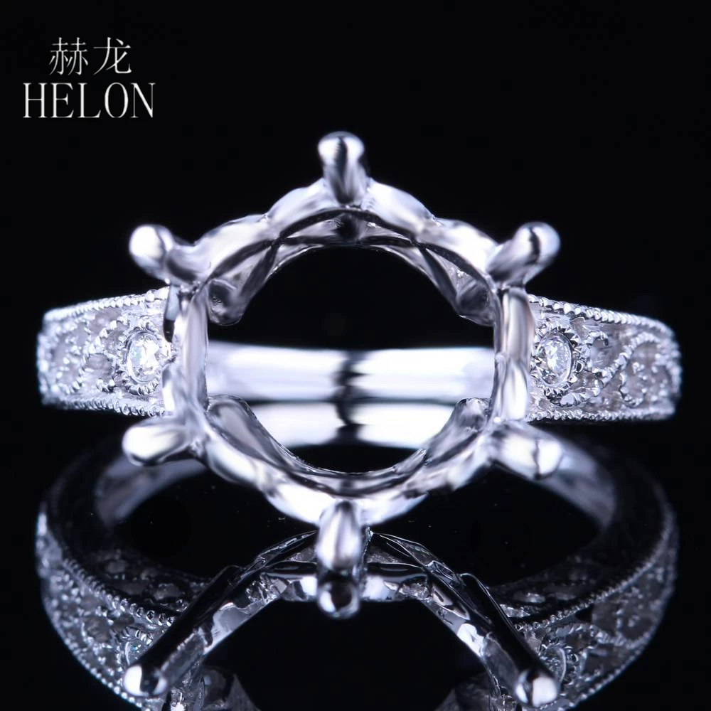 

HELON Round 11-12mm Semi Mount Vintage Antique Ring Solid 14K White Gold Bezel Natural Diamond Engraving Engagement Wedding Ring