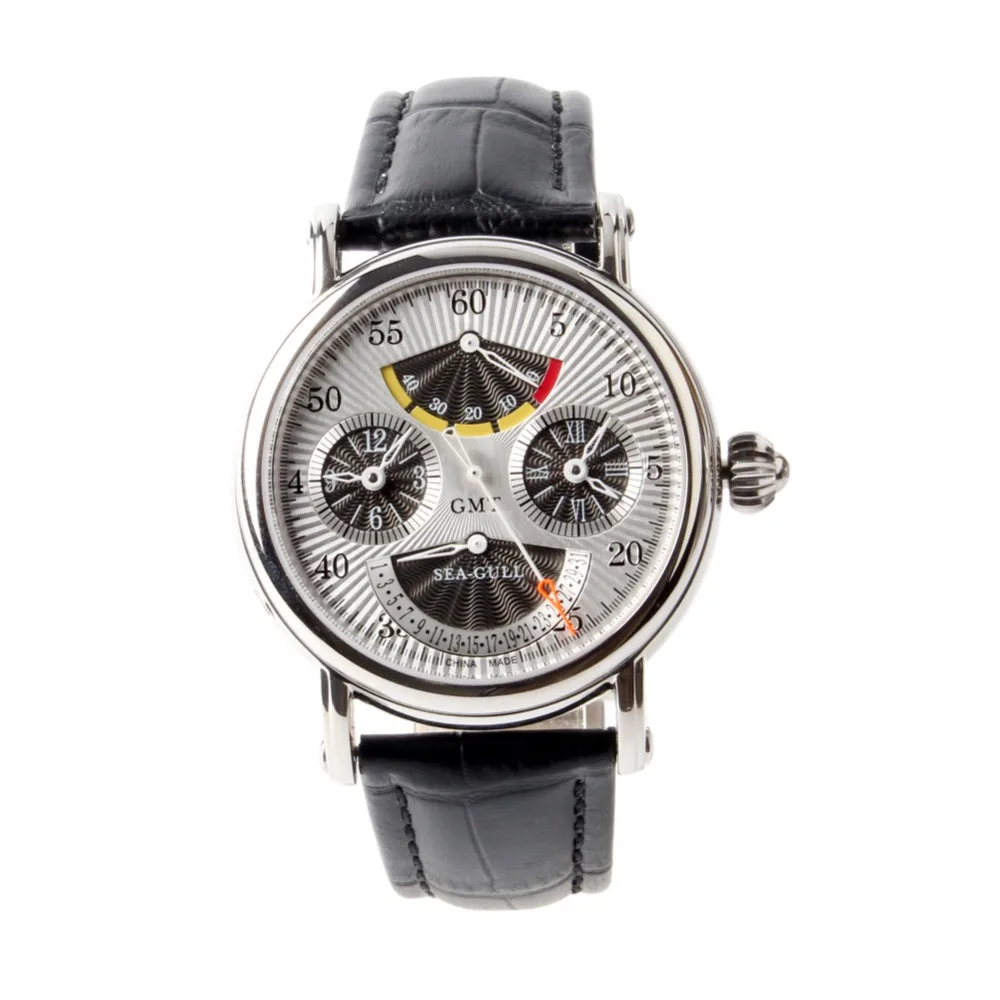 

High Complication Dual Time Zone GMT Genuine Seagull M189S White Dial Power Reserve Retrograde Date Automatic Men's Watch