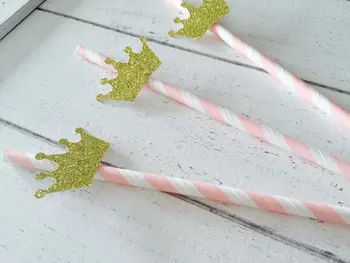 

cheap glitter Pink and gold crown straws birthday Paper drinking Straws Wedding bridal baby shower Bachelorette Drinks barware