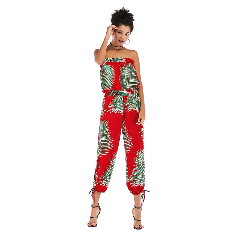 

2019 Summer New Women's Clothing Female Shoulderless Slim Backless Printed Chiffon Jumpsuit Ladies Casual Sleeveless Suits