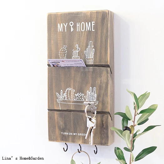 vintage brown pine wooden wall mail organizer with key hooks (4)