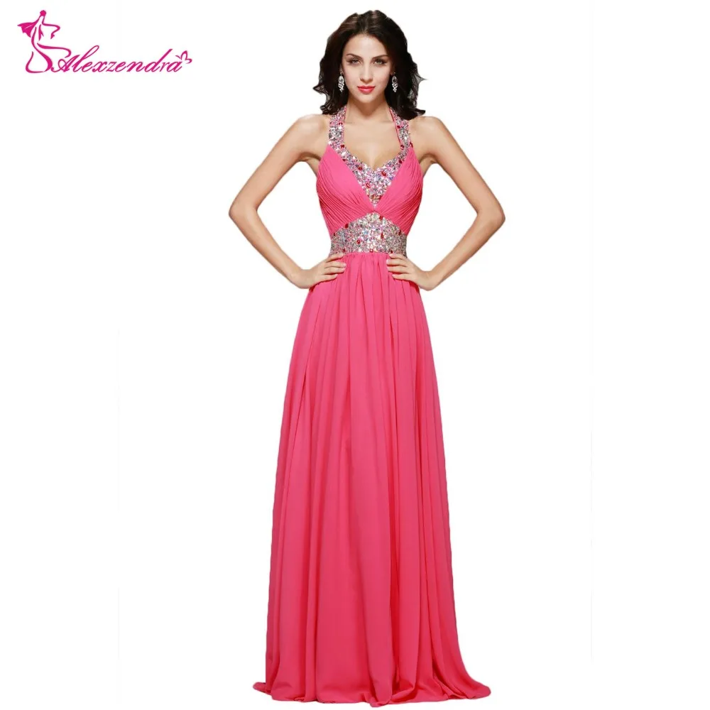 Alexzendra Pink Chiffon A Line Halter Up Prom Dresses 2018 Beaded Backless Formal Evening Dress
