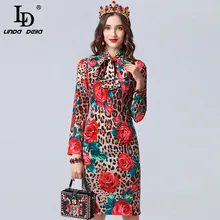 LD LINDA DELLA Fashion Designer Autumn Dress Women's Long Sleeve Bow Collar Sexy Leopard Printed Rose Floral Elegant Dress 2019 LD LINDA DELLA Fashion Designer Autumn Dress Women's Long Sleeve Bow Collar Sexy Leopard Printed Rose Floral Elegant Dress 2019