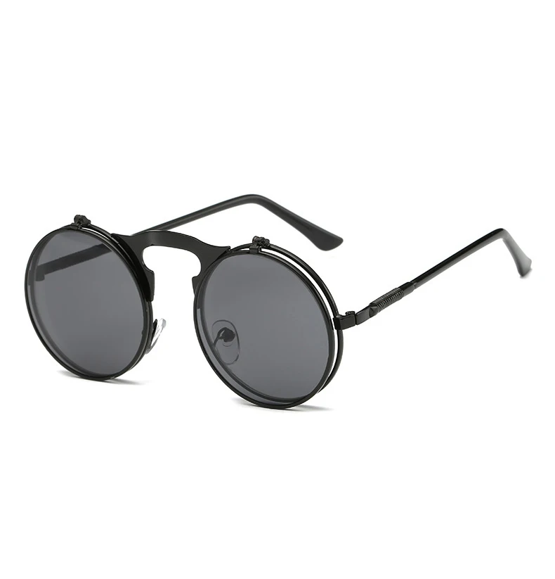 Винтажные стимпанк домашние очки металлические круглые солнечные очки женские для ретро двойной флип панк Солнцезащитные очки диск ночь - Цвет линз: black