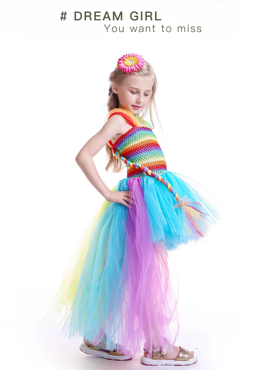 Candy Rainbow Tutu Dress and Daisy Hair Clip Set Girl Birthday Party Dress Easter Halloween Costumes Kids Pageant Ball Gown (6)