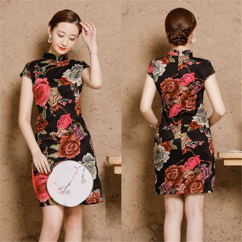 Women Linen Cotton Shanghai Plus Size Cheongsam Qipao Dresses XXXL 4XL 5XL Summer Short Chinese Traditional Printing Elegant  (23)