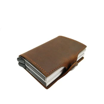 

Metal Women Men Business Double Card Holder Aluminium Credit Card Holders With Crazy Horse Genuine Leather RFID Blocking Wallet