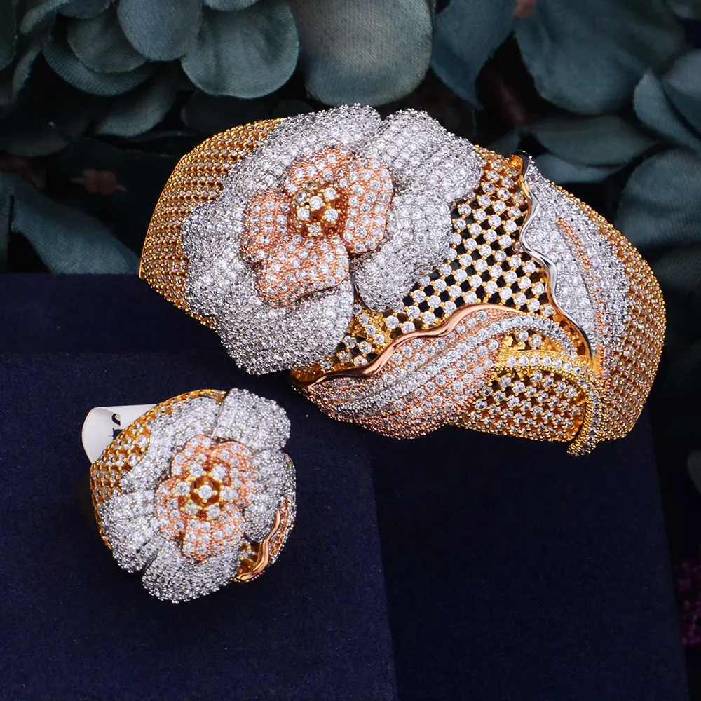 

GODKI Begonia Flowers Luxury 3 Tone SunFlower Full AAA Cubic Zirconia Women Bracelet Bangle Ring Set Dress Jewelry Sets