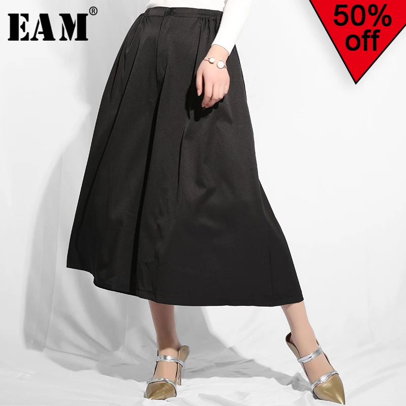 

[EAM] 2019 New Autumn Winter High Elastic Waist Black Brief Pleated Loose Wide Leg Pants Women Trousers Fashion Tide WC32