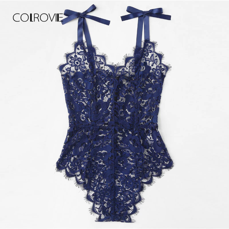 COLROVIE Ribbon Tie Shoulder Floral Lace Bodysuit 2018 Summer New