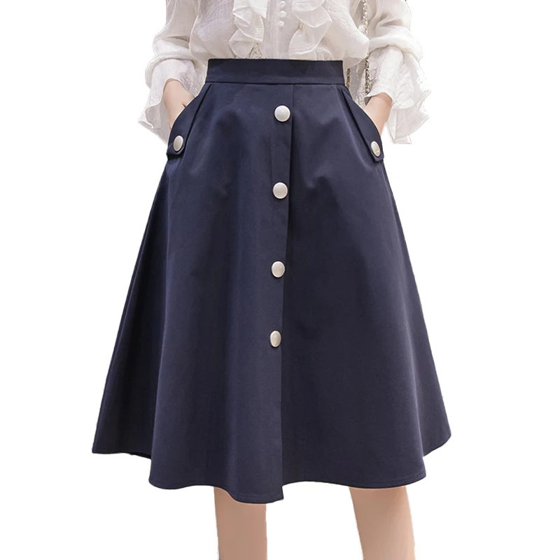 

2019 Vintage Elegant Midi Skirts Womens Summer High Waist Tulle Skirt Plus Size Korean A-Line Button Big Swing Skirt jupe femme