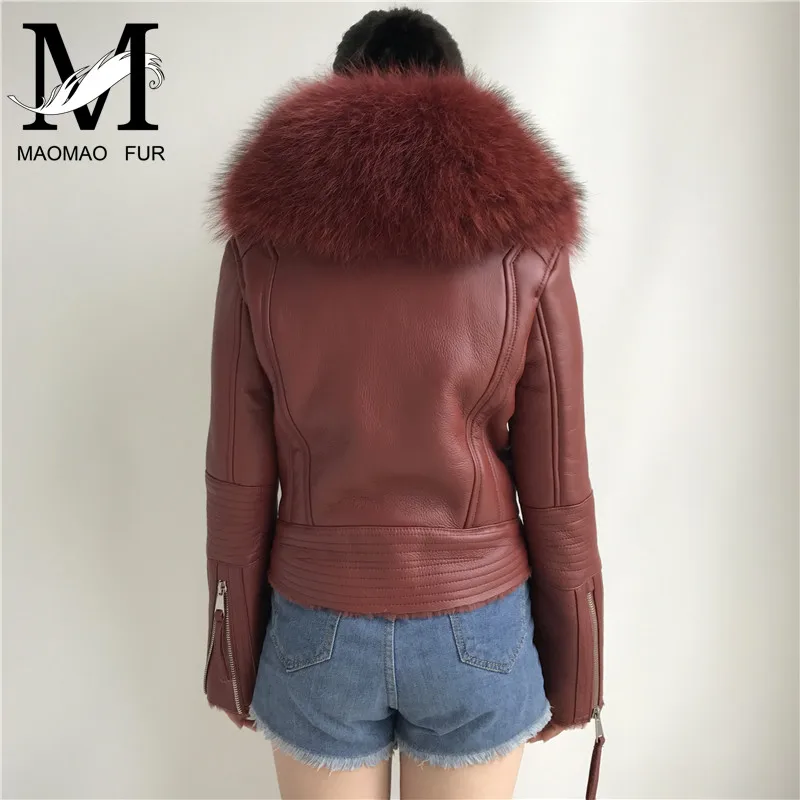 Women Real Sheep Fur Coat Winter Warm Fashion Genuine Merino Sheepskin Leather Jacket Natural Real Large Raccoon Fur Collar Coat