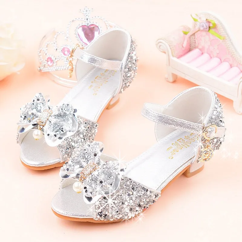 2019 Girls Rhinestone Open-toed High-Heeled Sandals, Kids Bow-knot Pearl Performance Dance Princess Glitter Shining Summer Shoes (4)