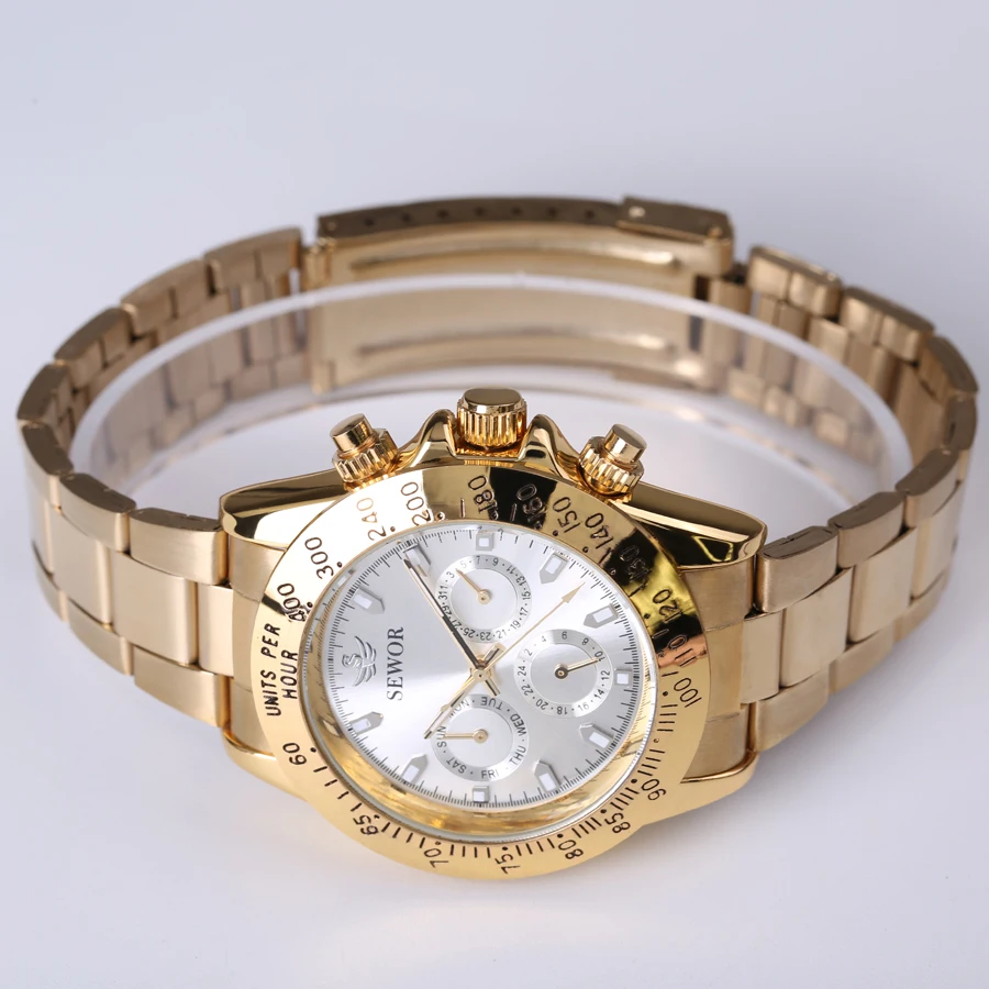 SEWOR ретро модные дизайнерские часы с тремя циферблатами из нержавеющей стали золотые мужские роскошные брендовые автоматические механические часы