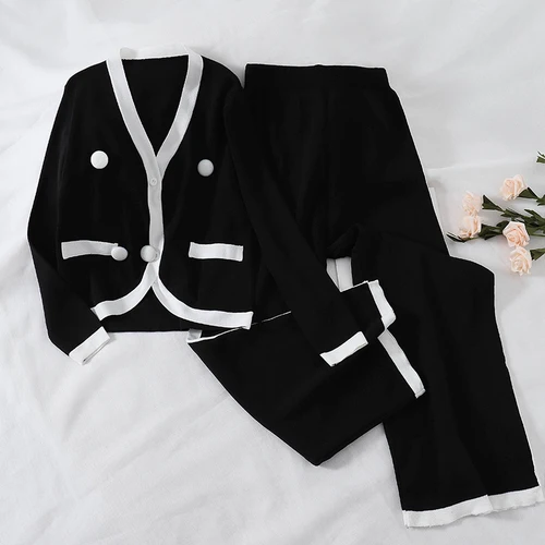 Весенний Модный женский комплект из 2 предметов, полосатый кардиган с длинным рукавом, свитер с v-образным вырезом+ широкие повседневные штаны, вязаный женский костюм - Цвет: black