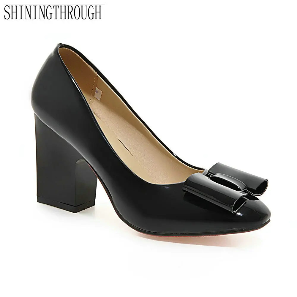 

New women Shoes thick high Heels shoes square Toe bowties Ladies Shoes big Size 34-43