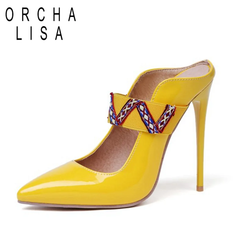

ORCHA LISA plus size 44 46 12cm super high heels Women lady stilettos pumps yellow black red slingbacks bridal party shoes 1163