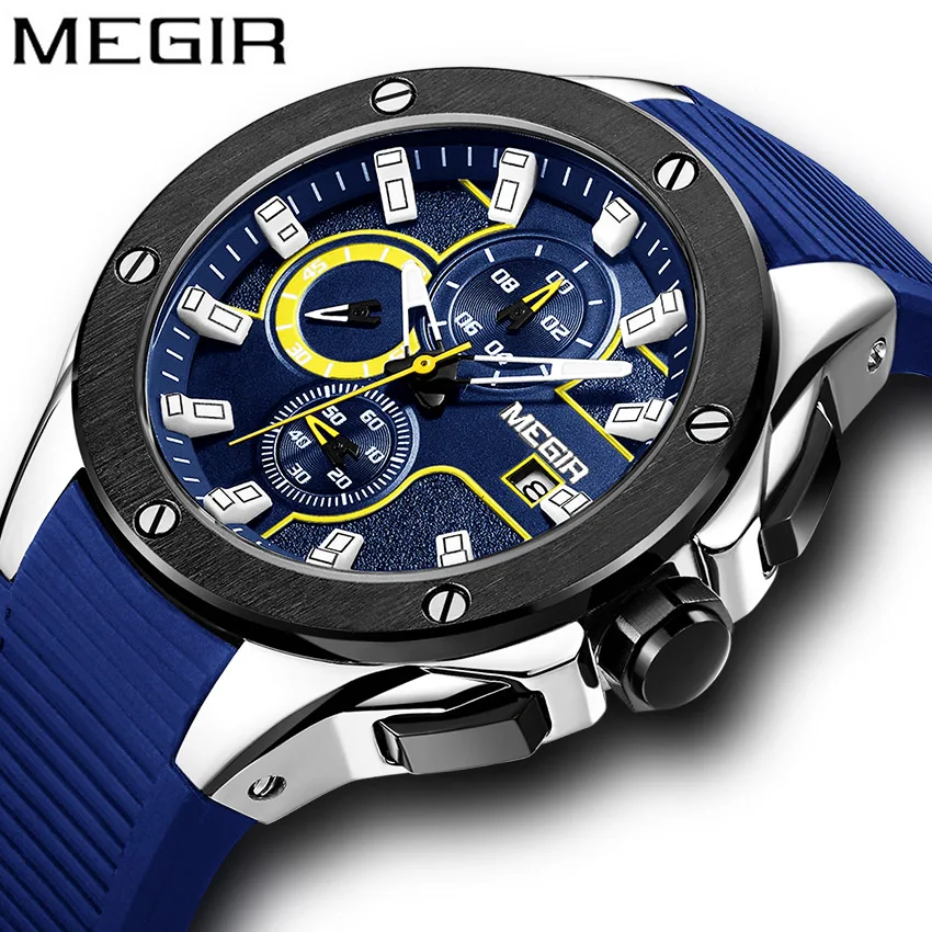 

Megir Watches Chronograph Men's Wristwatch Clock Relogio Masculino Blue Silicone Male Watches Luxury Famous Brands Male Watch
