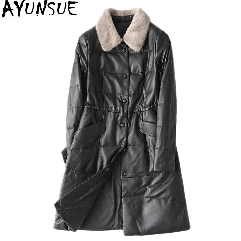 

AYUNSUE Women's Winter Down Jackets Long Genuine Leather Jacket Natural Sheepskin Coat Female Mink Fur Collar Plus Size YY1082B