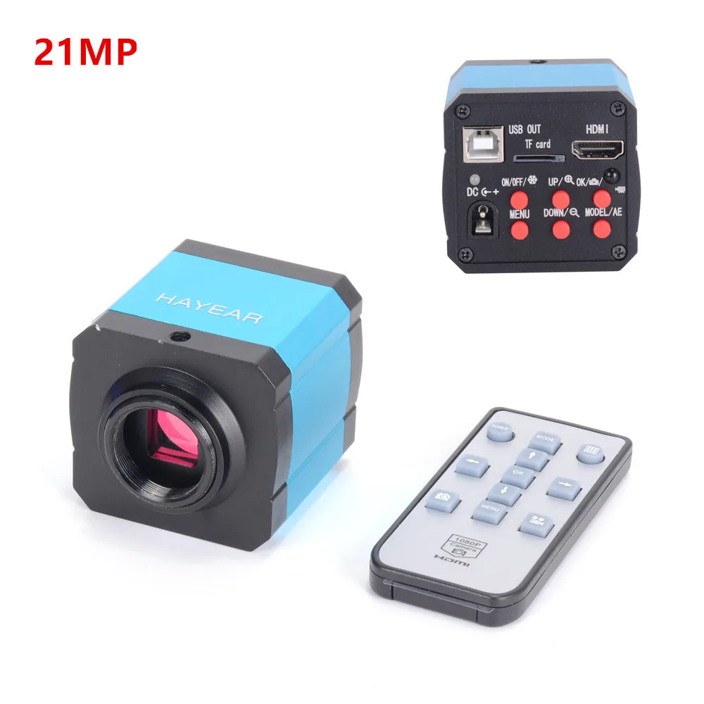 HD 21MP 2K 1080P 60fps Industrial Camera HDMI USB Output Microscope Magnifier TF Storage & 400X C-Mount Lens & 2X Objective LensFor Phone Motherboard Repair 