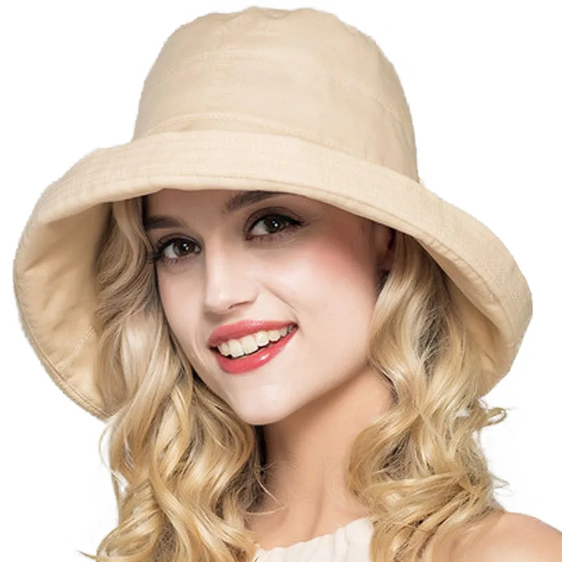 Женская хлопковая солнцезащитная шляпа FS, складывающаяся повседневная шляпа с широкими полями от солнца, серая, летняя - Цвет: Бежевый