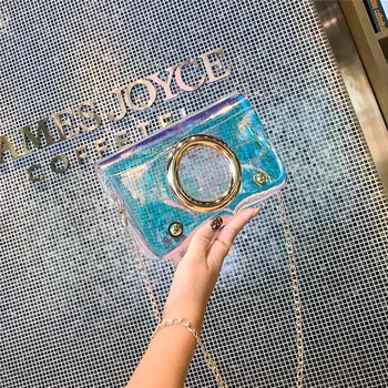 

2019 Fashion Women Chain Round Hardware Jelly PVC Transparent Shoulder Diagonal Square Messenger Buckle Female Clear Bag