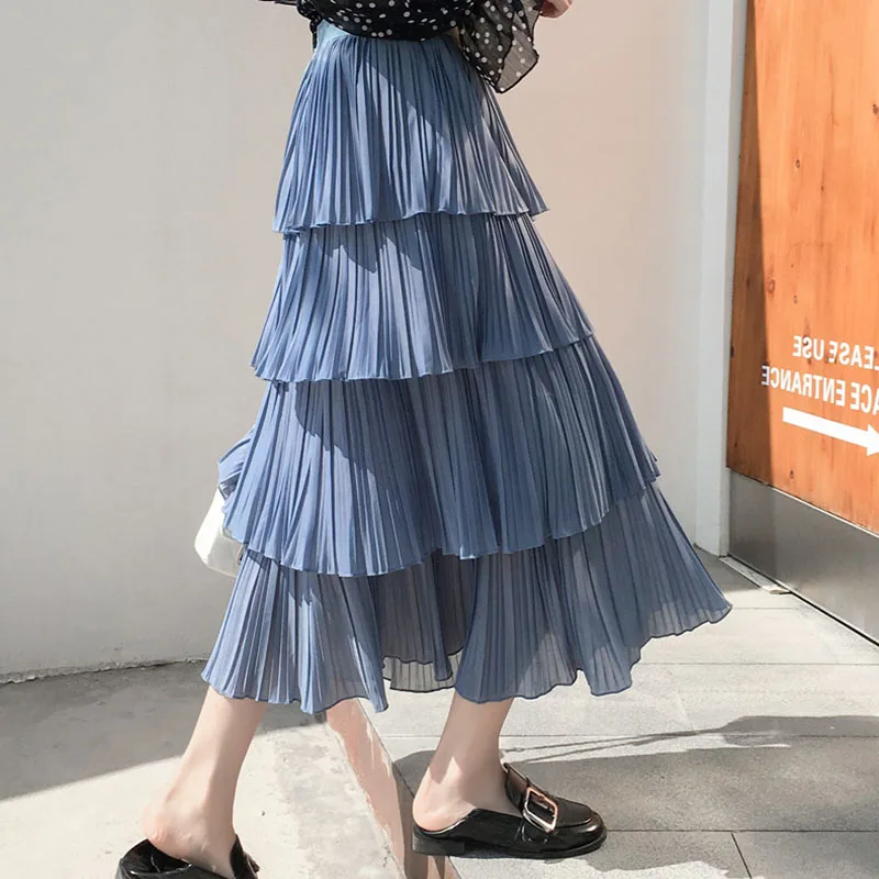 

Summer Cakee Pleated Long Skirt Super Sweet Solid Blue/White Tiered Layered Chiffon Maxi Long Skirts