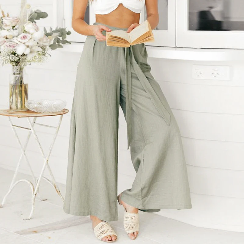 

Comoto Solid High Waist Casual Summer 2019 Wide Leg Women Pants Button Split Sexy Female Solid Beach Trousers Belt Tie Bow Pants