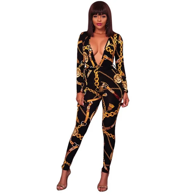 

Chain Printed Sexy Jumpsuits Autumn Deep-V Long Sleeve Skinny Club Bodycon Rompers Womens Jumpsuit female Overalls