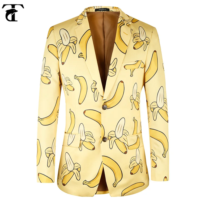 TOTURN Hawaii Style Men Suit Jacket Casual Banana Pattern Fashion Men Blazer High Quality Brand Jacket Men Plus Euro Size 46-58