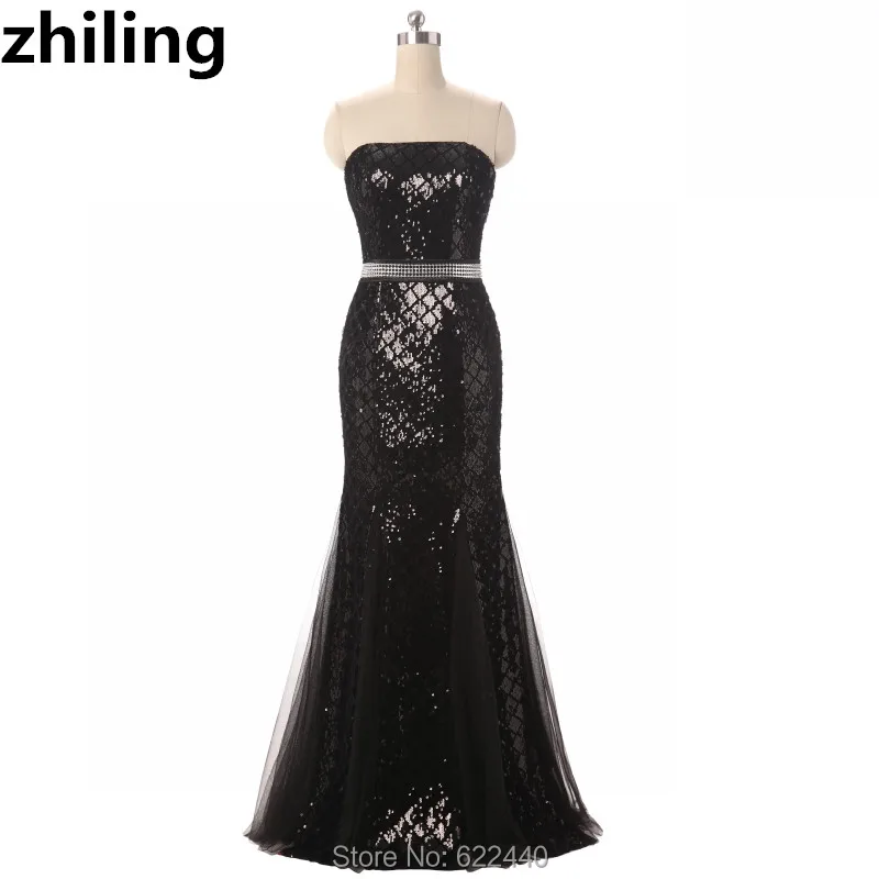 

Fashionable Black Sequins Evening Dresses With Crystals Strapless Mermaid Formal Dress Custom-made Prom Party Gowns