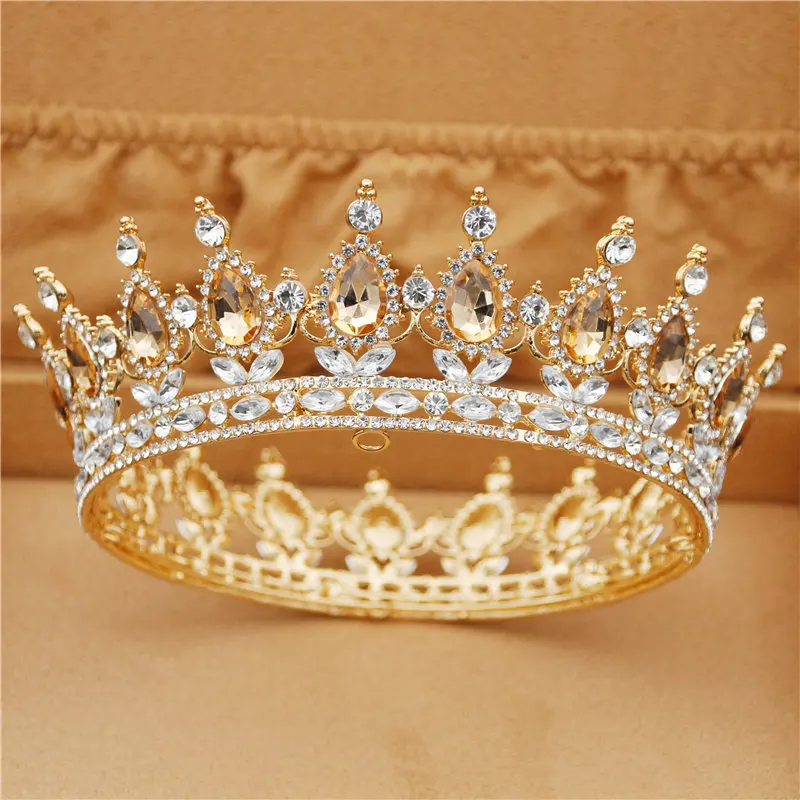 Gold Yellow Великолепные хрустальные металлические Свадебные короны королевская Королева Король диадема большой Голова Украшения для торжеств - Окраска металла: Gold Yellow