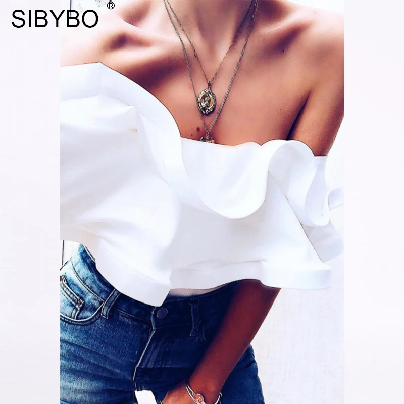 

Sibybo Ruffles Off Shoulder Sexy Bodysuit Women Fashion Slash Neck Backless Summer Romper Women Beach Casual Jumpsuit Bodysuits
