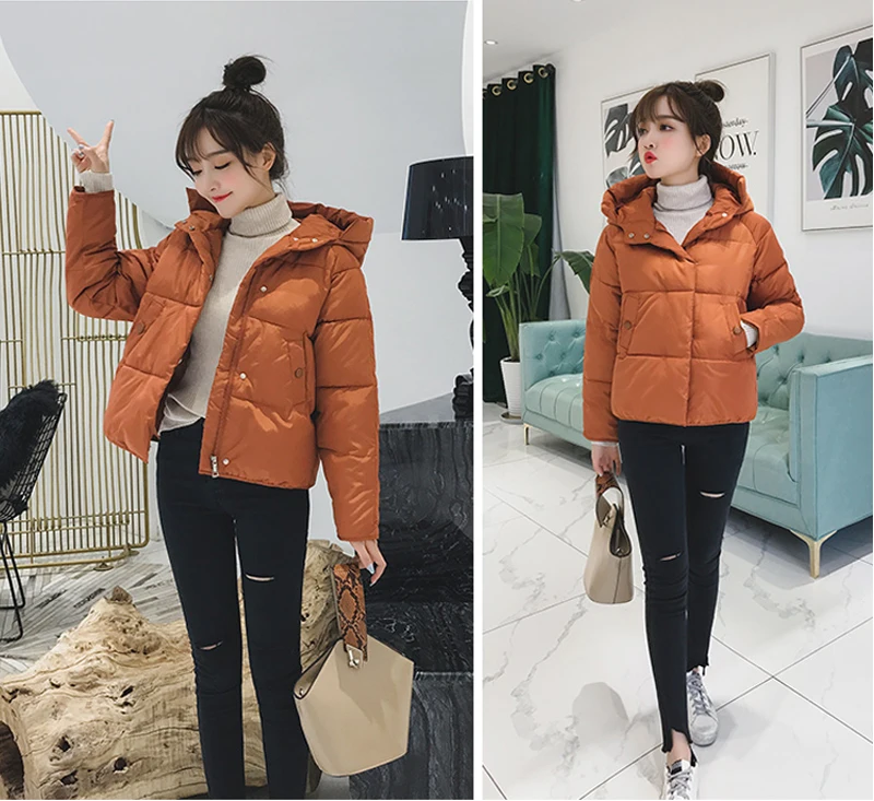 Корейский стиль, женская зимняя куртка, с капюшоном, на пуговицах, хлопковое Стеганое пальто, короткая верхняя одежда, парка