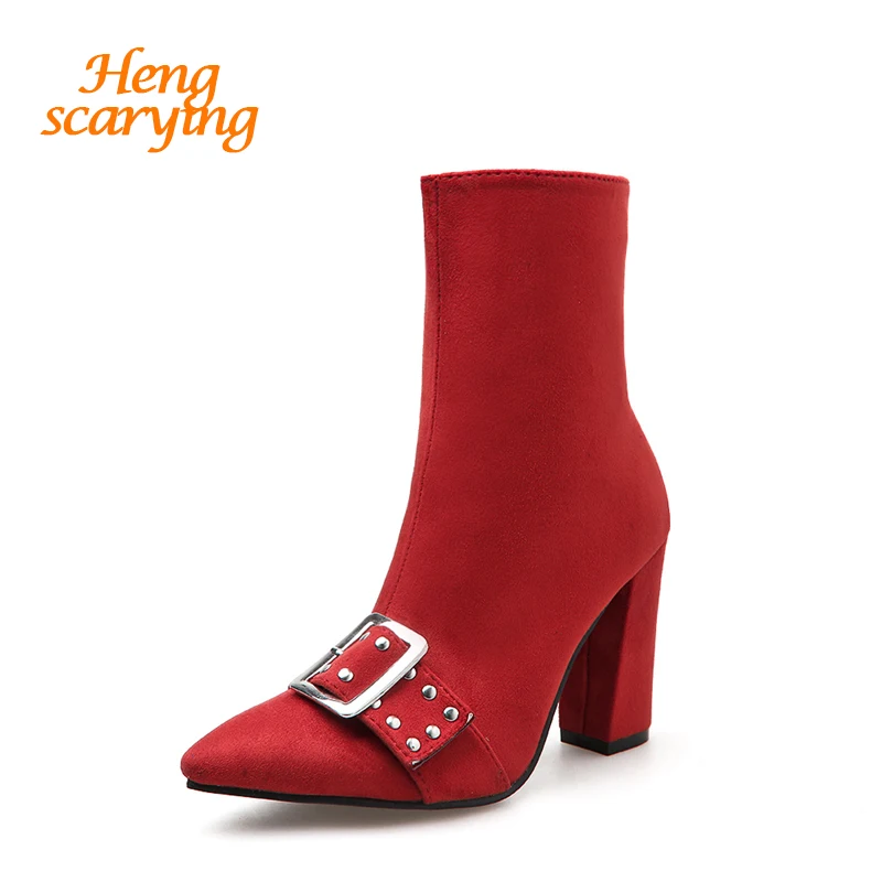 

2019 Autumn Winter New Trending Women Buckle Rivets Flock Ankle Boots Red Block High Heels Boots Studded Ankle Boots Party Shoes