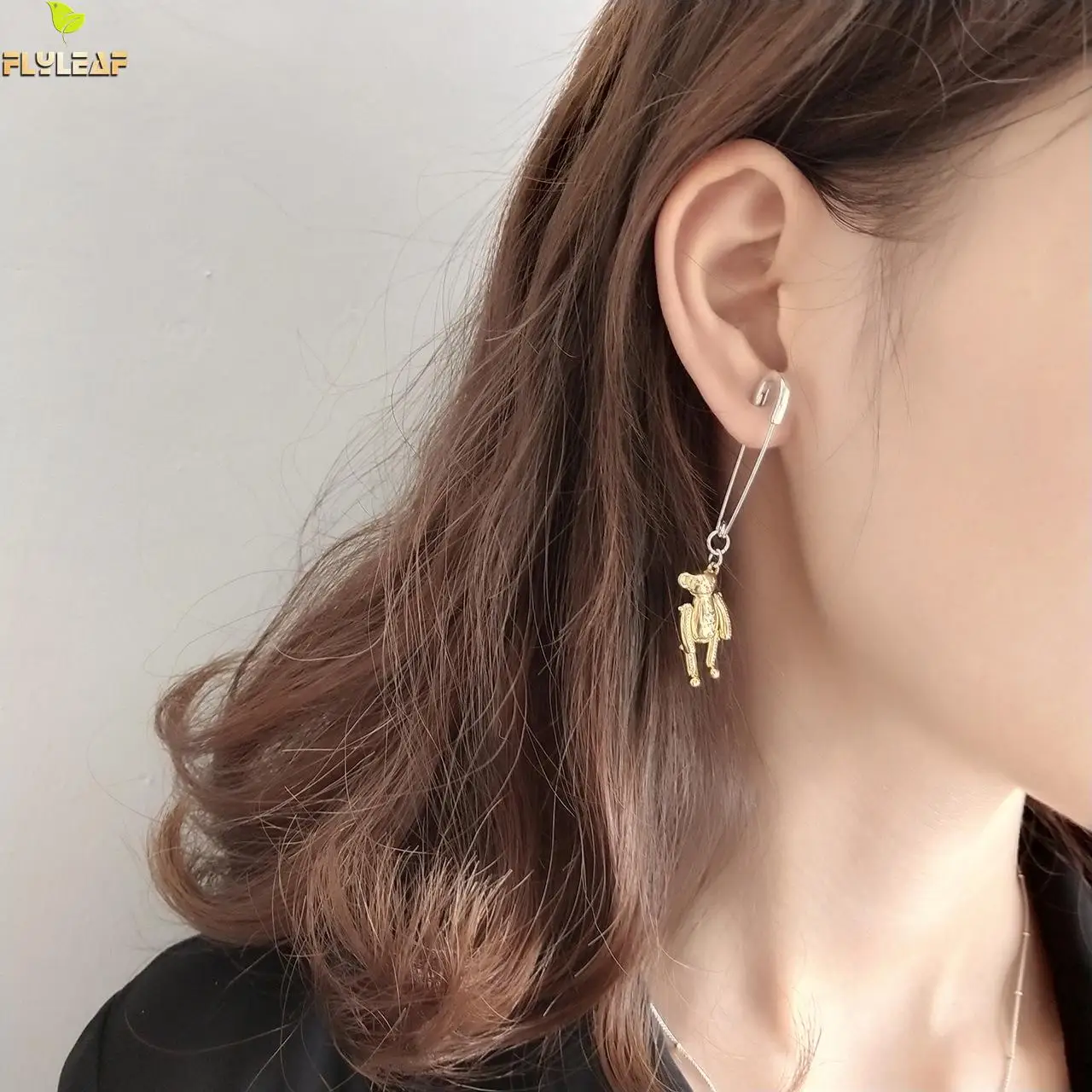 

Flyleaf 925 Sterling Silver Creative Pin Bear Long Earrings For Women Gold Drop Dangle Earings Fashion Jewelry High Quality