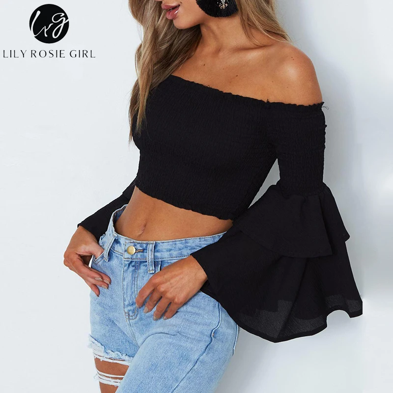Lily Rosie Girl Off Shoulder Yellow Blouse Shirt Women Sexy Ruffle Short Blusas Femme Butterfly Long Sleeve Summer Beach CropTop