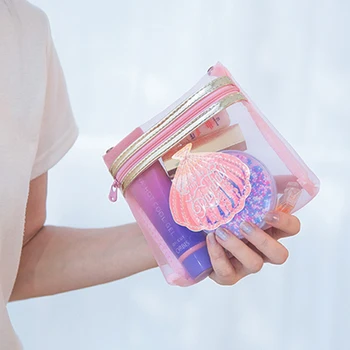 

New pink mesh cosmetic bag for women small hologram shell makeup organizer zipper cute girls coin pocket storage pouch
