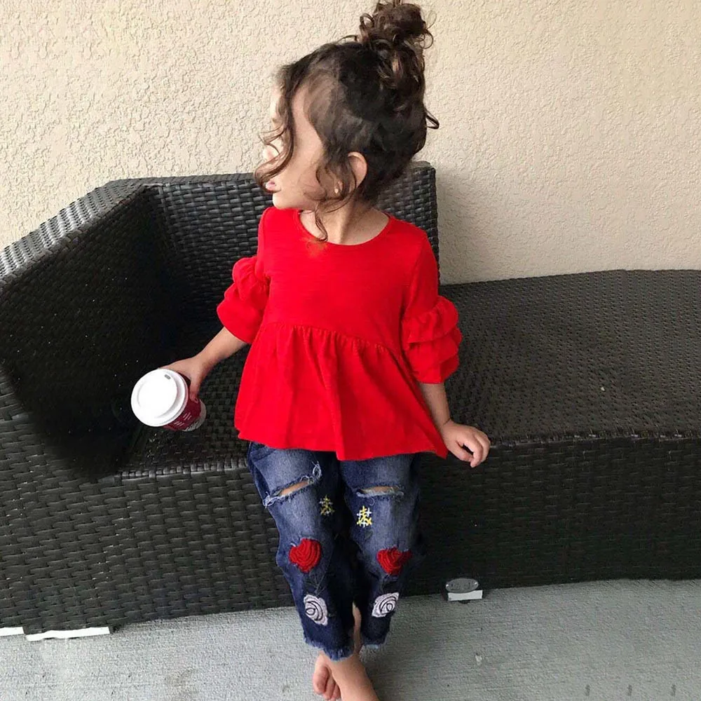 

Girls Clothes Set New Fashion Kids Toddler Baby Girls Outfit Clothes Frill T Shirt Tops+Embroidery Denim Pants Suit Clothes